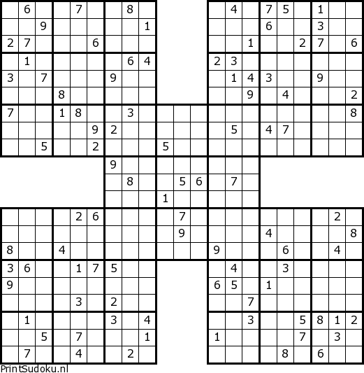 merk Nebu als resultaat Samurai Sudoku's - 2 sterren - PrintSudoku.nl